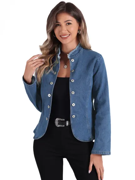 Allegra K - Distressed Stand Collar Denim Jacket