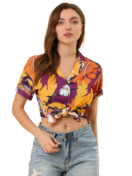 Allegra K- Beach Tropical Floral Leaves Button Down Shirt