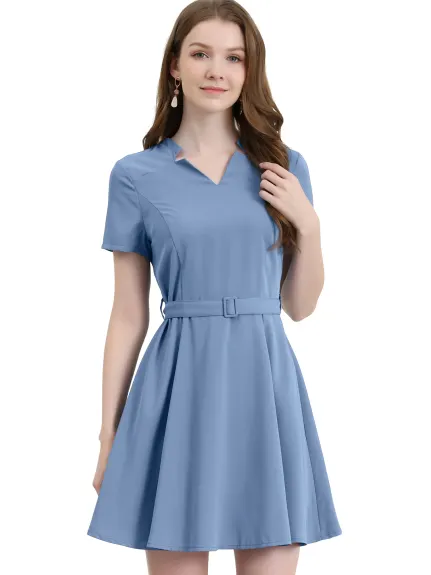 Allegra K- V Neck Short Sleeve A-Line Belted Elegant Dress