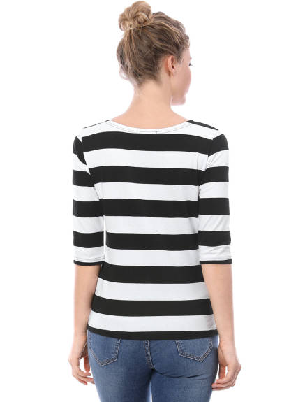 Allegra K- Boat Neck Elbow Sleeve Slim Fit Stripe T-Shirt