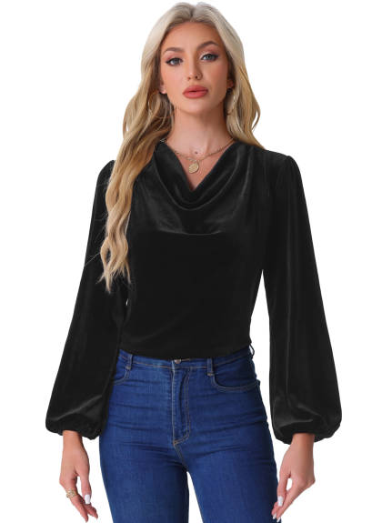 Allegra K - Cowl Neck Lantern Long Sleeve Velvet Blouse