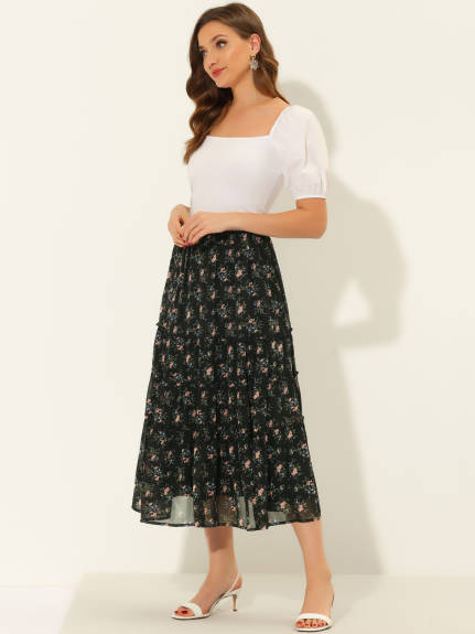 Allegra K- Floral Tiered A-Line Long Chiffon Skirt