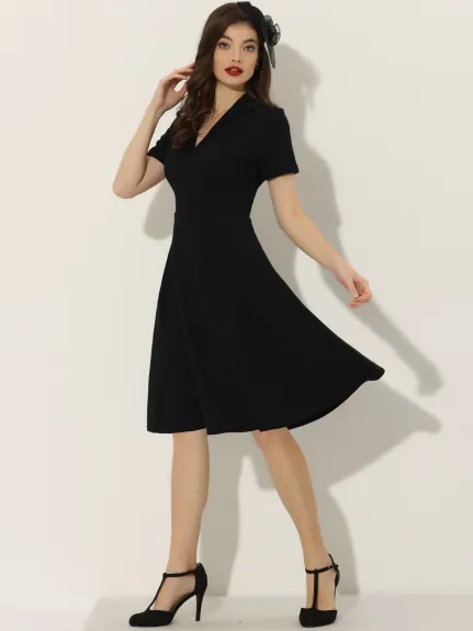 Allegra K- Vintage Flat Collar Short Sleeve Fit and Flare Dress