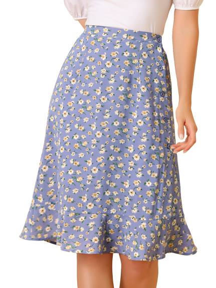 Allegra K- Floral Ruffle A-Line Split Midi Skirt