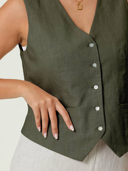 Hobemty- Linen Vest Sleeveless Button Down Waistcoat