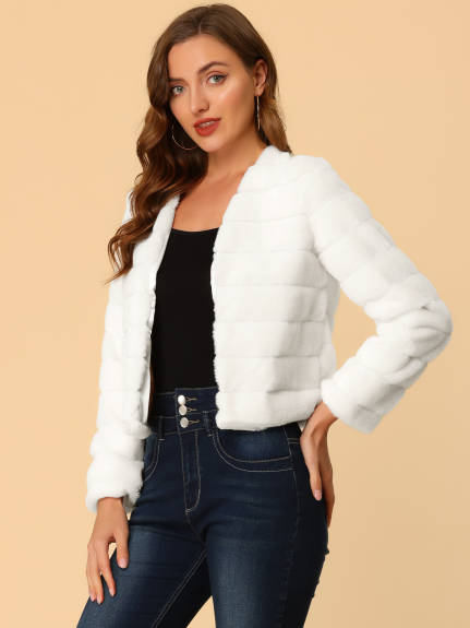 Allegra K- Cropped Collarless Faux Fur Fluffy Coat Jacket