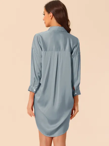 cheibear - Button Down Shirt Dress Satin Nightgown