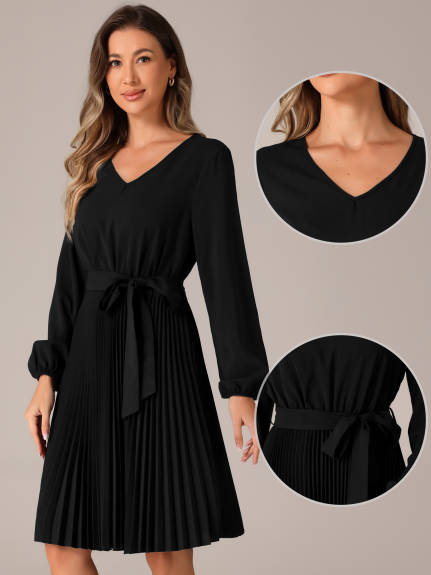 INSPIRE CHIC - Tie Waist Pleated a Line Flowy Dress