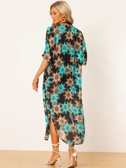 Allegra K- Swimsuit Cover Up Cardigan Flowy Long Boho Chiffon Kimono