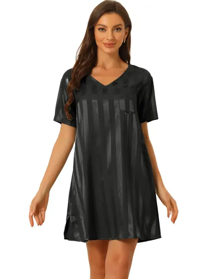 cheibear - Summer Striped Silky Satin Lounge Dress Nightshirt