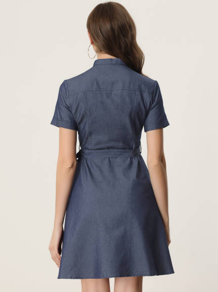 Allegra K- Button Down Short Sleeve Denim Chambray Shirt Dress