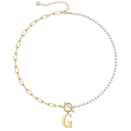 Rachel Glauber 14K Gold Plated Initial "G" Pearl Link Chain Necklace