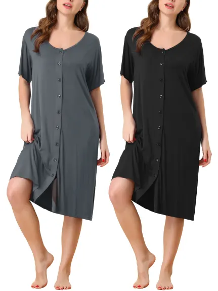 cheibear - Summer Button Down Nightgown 2-Pack, Black