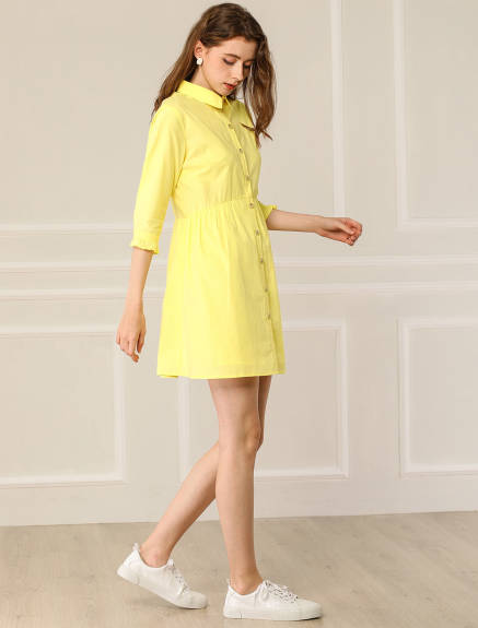 Allegra K- 3/4 Sleeve Button Up Flare Shirt Dress