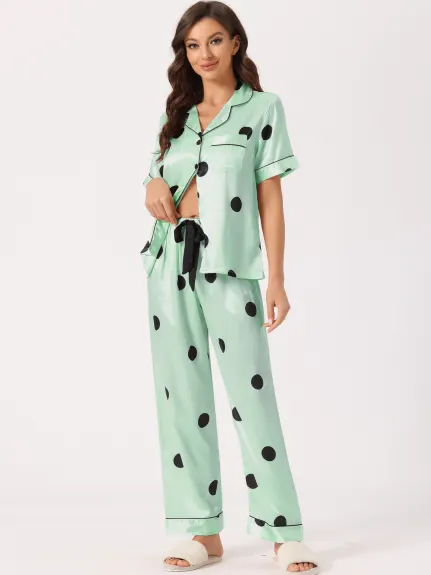 cheibear - Polka Dots Button Down Satin Sleepwear Set