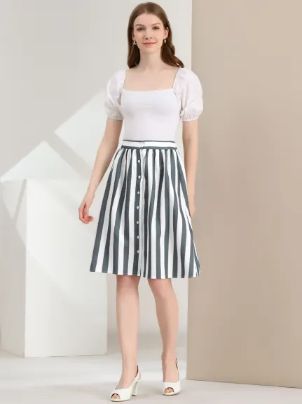 Allegra K - Button A-Line Striped Midi Skirt