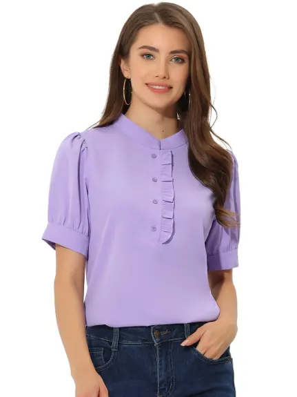 Allegra K - Puff Sleeve Chiffon Half Placket Top