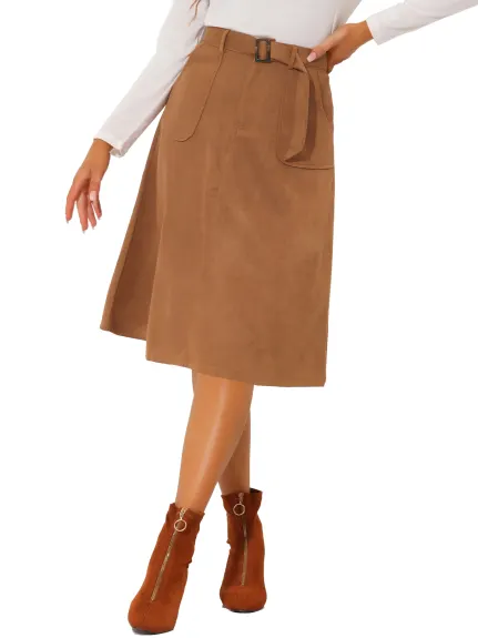 Allegra K- Faux Suede Pockets A-Line Midi Skirt