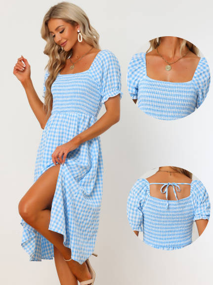 Allegra K- Midi Smocked Front Tie Back Checks Gingham Dress