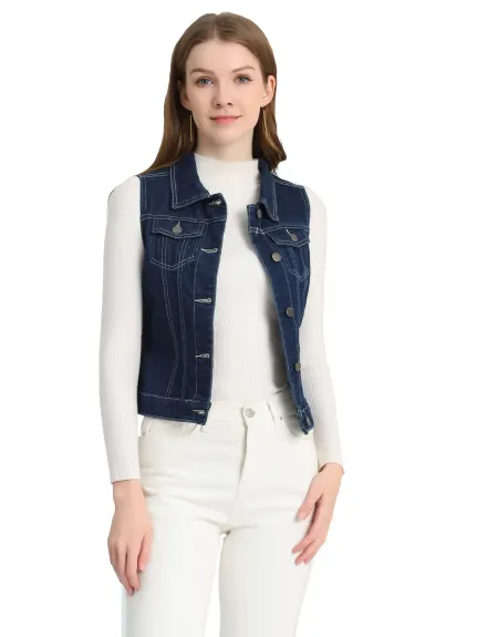 Allegra K- Washed Denim Buttoned Vest with Flap Pockets