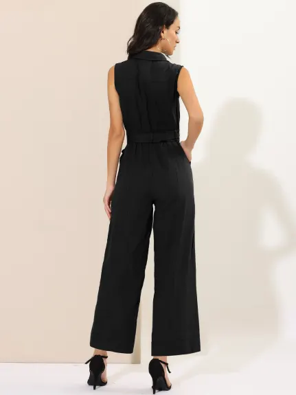 Allegra K- Sleeveless Collared Tie Waist Coverall Button Down Jumpsuit