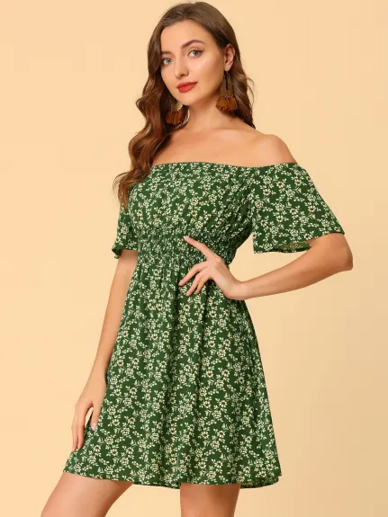 Allegra K- Ditsy Floral Off Shoulder A-Line Smocked Dress