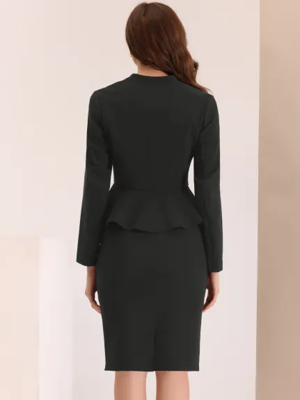 Allegra K - Collarless Peplum Blazer Skirt Business Suit