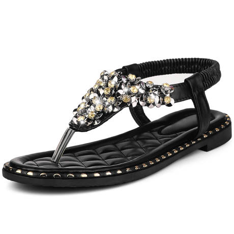 Allegra K - Rhinestone T-Strap Boho Dressy Flat Sandals