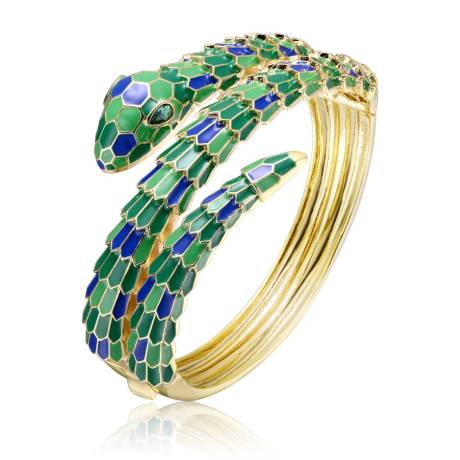 Rachel Glauber 14k Yellow Gold Plated with Emerald Cubic Zirconia Green & Blue Enamel 3D Serpent Coiled Bypass Wrapped Bangle Bracelet