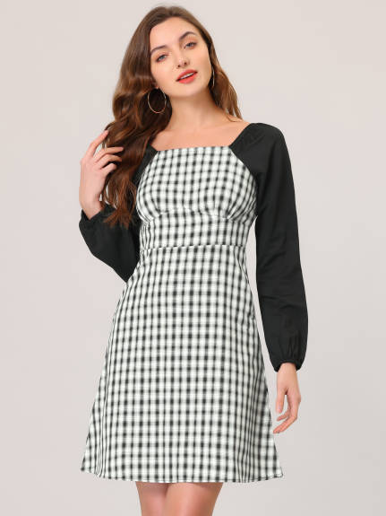 Allegra K- Long Sleeve Square Neck A-Line Plaid Dress