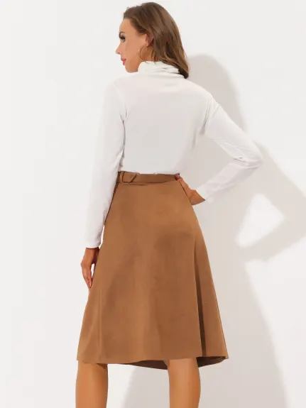 Allegra K- Faux Suede Pockets A-Line Midi Skirt