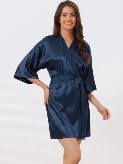 cheibear - 3/4 Sleeves Tie Waist Satin  Night Robe