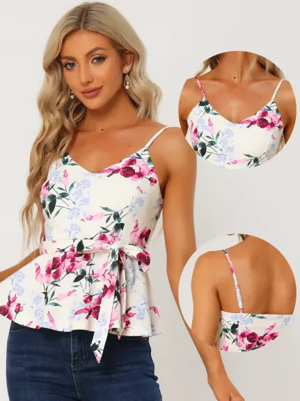 Allegra K- V Neck Tie Waist Peplum Cami Tank