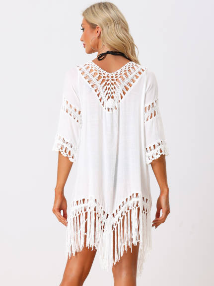 Allegra K- Tassel Tie Front Crochet Cardigan Swimsuit