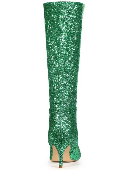 Allegra K - Glitter Stiletto Heel Knee High Boots