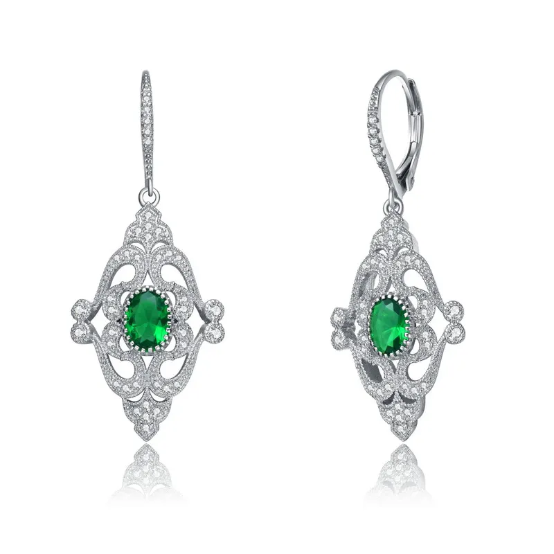 Genevive Sterling Silver White Gold Plating with Oval and Round Emerald Green Cubic Zirconia Leverback Earrings