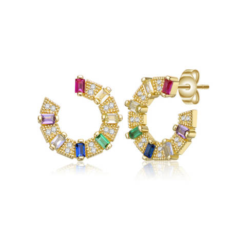 Genevive Sterling Silver 14k Gold Plated with Colored Cubic Zirconia Front-Facing C-Hoop Earrings