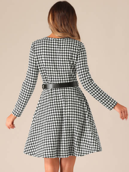 Allegra K - Houndstooth Plaid Long Sleeve A-Line Dress