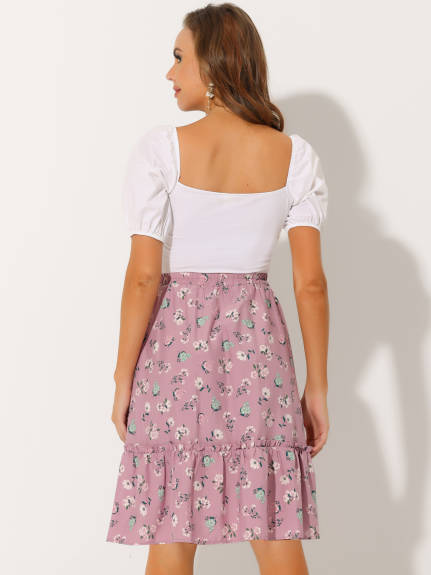 Allegra K- Ruffle Hem Tiered A-Line Floral Midi Skirt