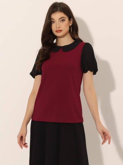 Allegra K- Peter Pan Collar Contrast Puff Top