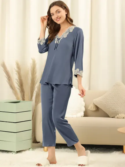 Allegra K - Lace Trim Solid Pajama Sets