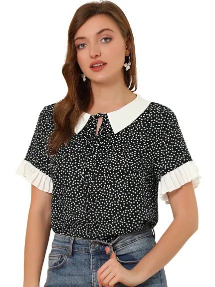 Allegra K- Contrast Doll Collar Polka Dots Blouse