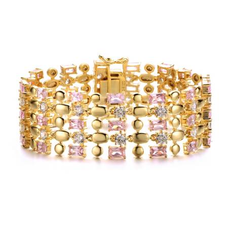 Rachel Glauber 14k Yellow Gold Plated Pink Morganite & Cubic Zirconia Wide Geometric Mesh Link Bracelet