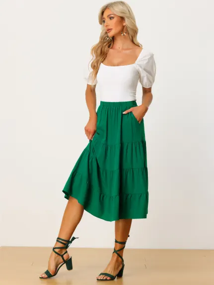 Allegra K- Elastic Waist Tiered A-Line Midi Skirt