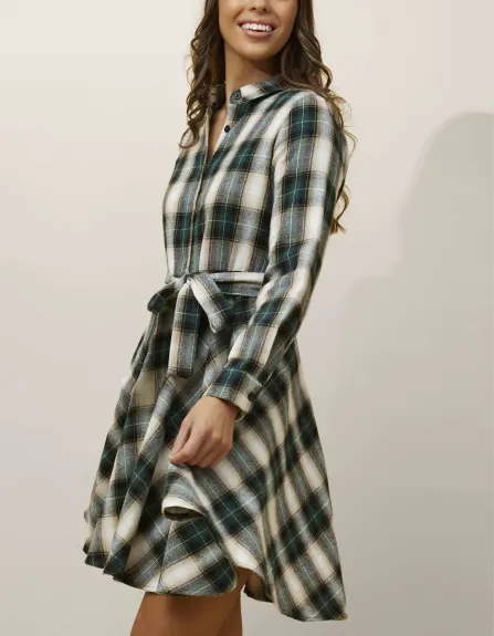 Annick - Fiona Shirt Dress Waist Tie Plaid Print Green