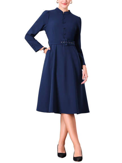 Hobemty - Mock Neck Belted A-Line Dress