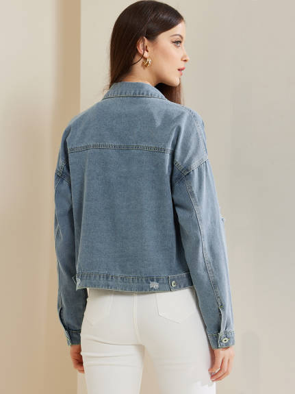 Allegra K - Button Down Cropped Retro Denim Jacket