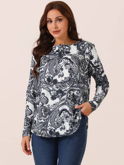 Allegra K - Floral Print Henley V Neck Tunic Top