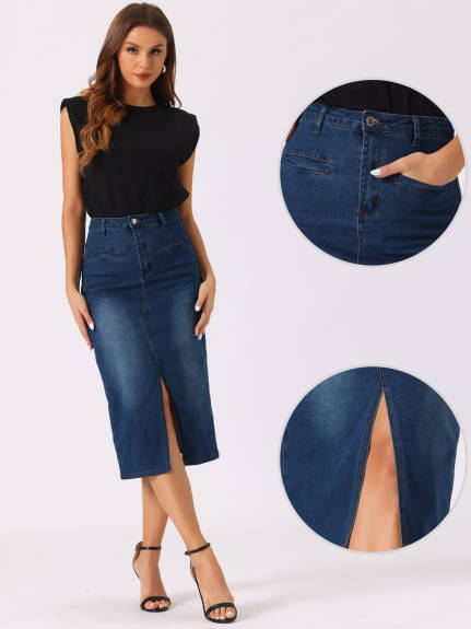 Allegra K- High Waist Slit Front Midi Denim Skirt