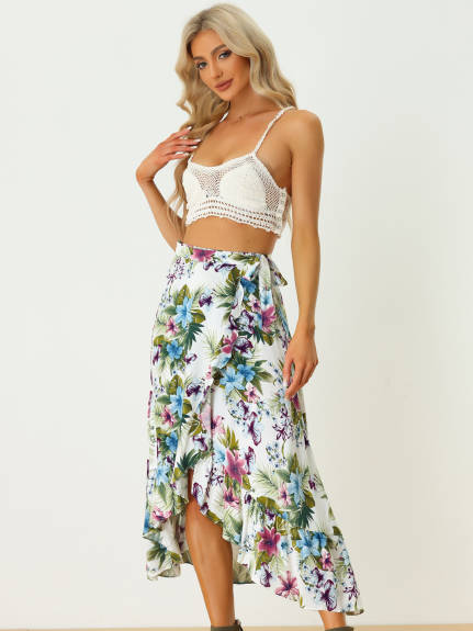 Allegra K- Self Tie Split Ruffle Wrap Midi Skirt